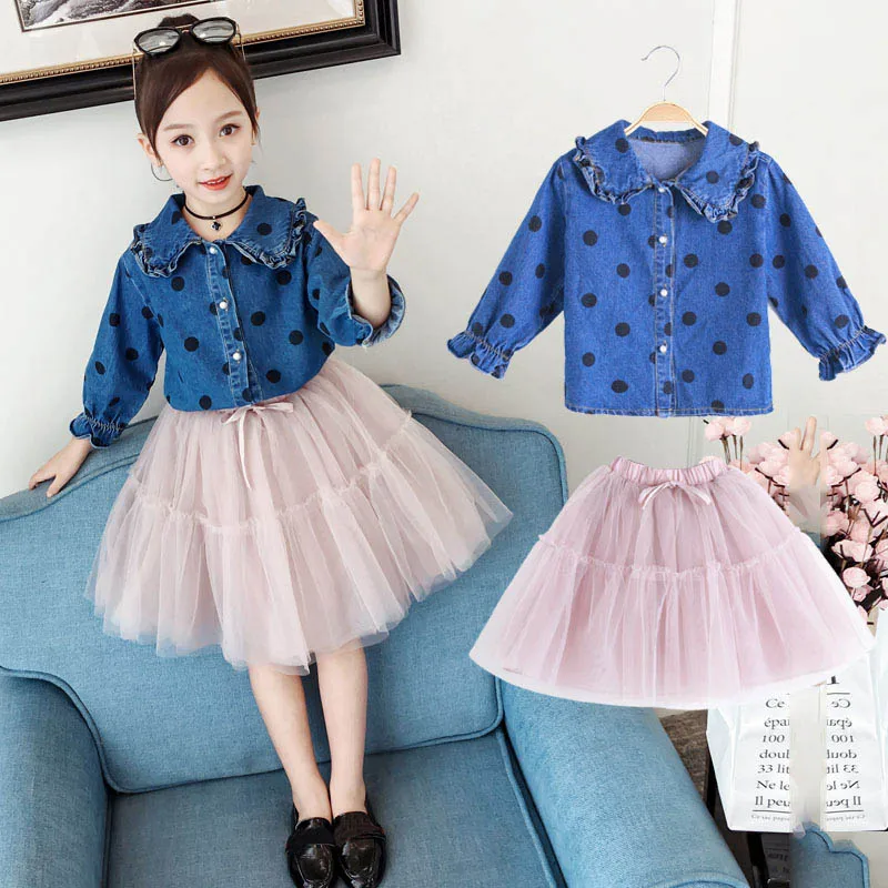 

Girls Clothes Sets New Spring Autumn Fashion Style Dot Denim T-shirt + Mesh Skirt 2Pcs for Teenage Girls Suits Children Clothing