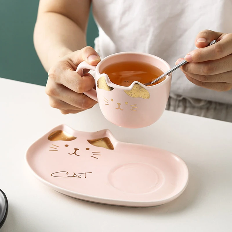セラミックコーヒーカップセット漫画の猫のパターン茶カップデザートプレート衣装クリエイティブかわいいコーヒーカップ ソーサーセット与える離れスプーン マグカップ Aliexpress