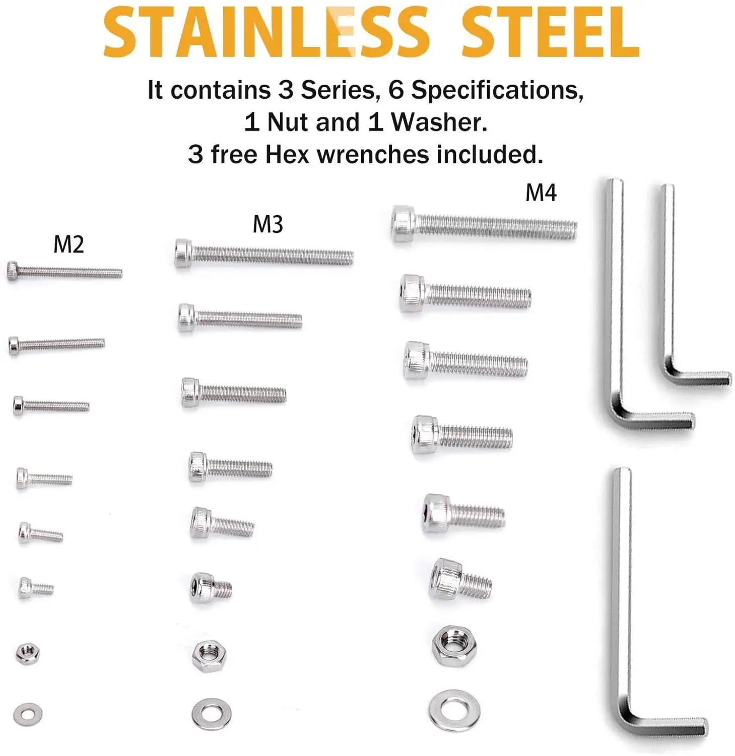 1080Pcs Stainless Steel 304 Fastener Hardware M2/M3/M4 Hexagon Socket Head Cap Screws Flat Washer with 3PCS Nuts Wrench Kit