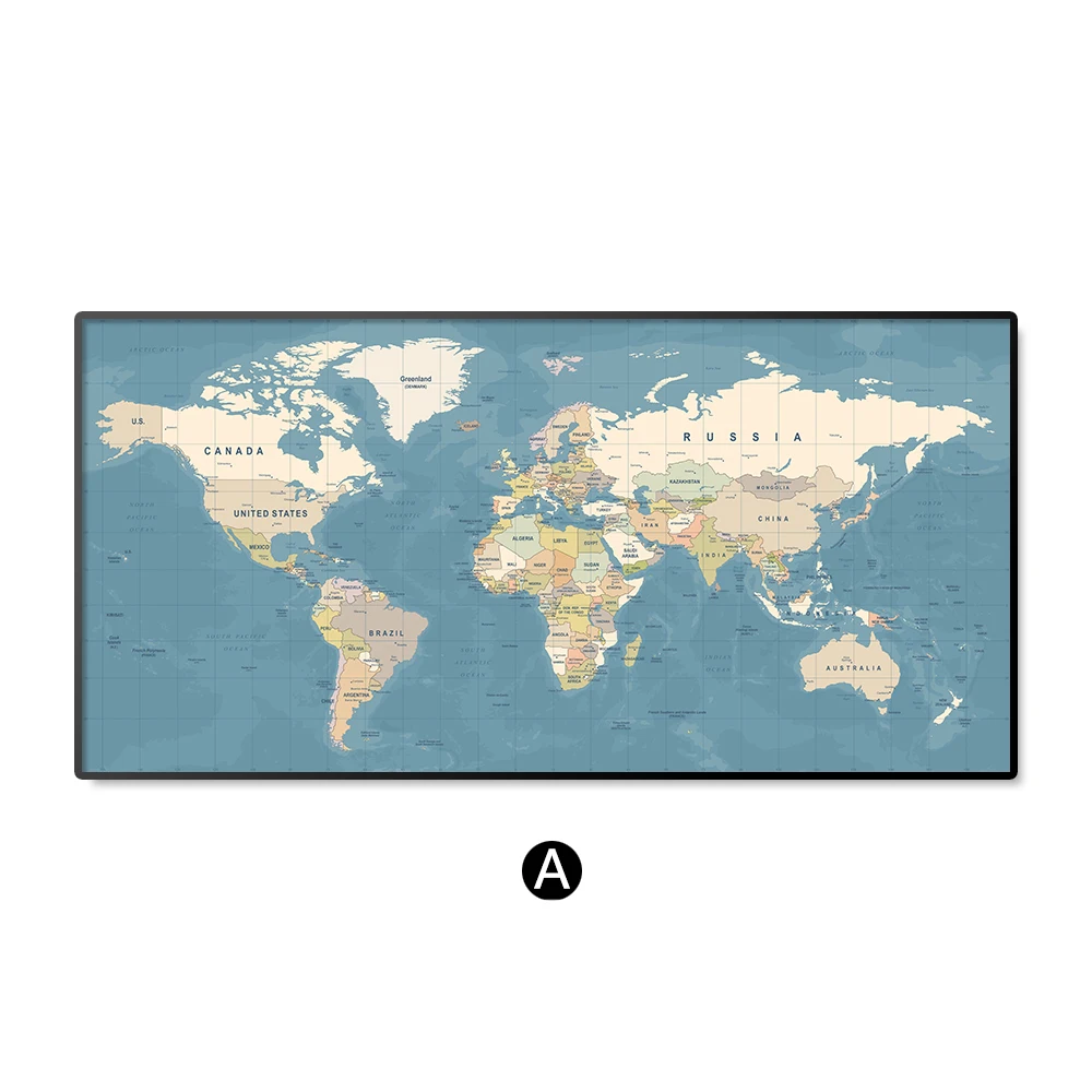 Карта мира Картина Акварельная печать маслом холст современные картины на стену абстрактный большой винтажный домашний Декор Плакат Офис - Цвет: A