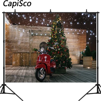 

Capisco Winter Christmas tree Background Photography Red Motorcycle wooden wall Falling Snowflakes Snow Kids Photo Backdrop