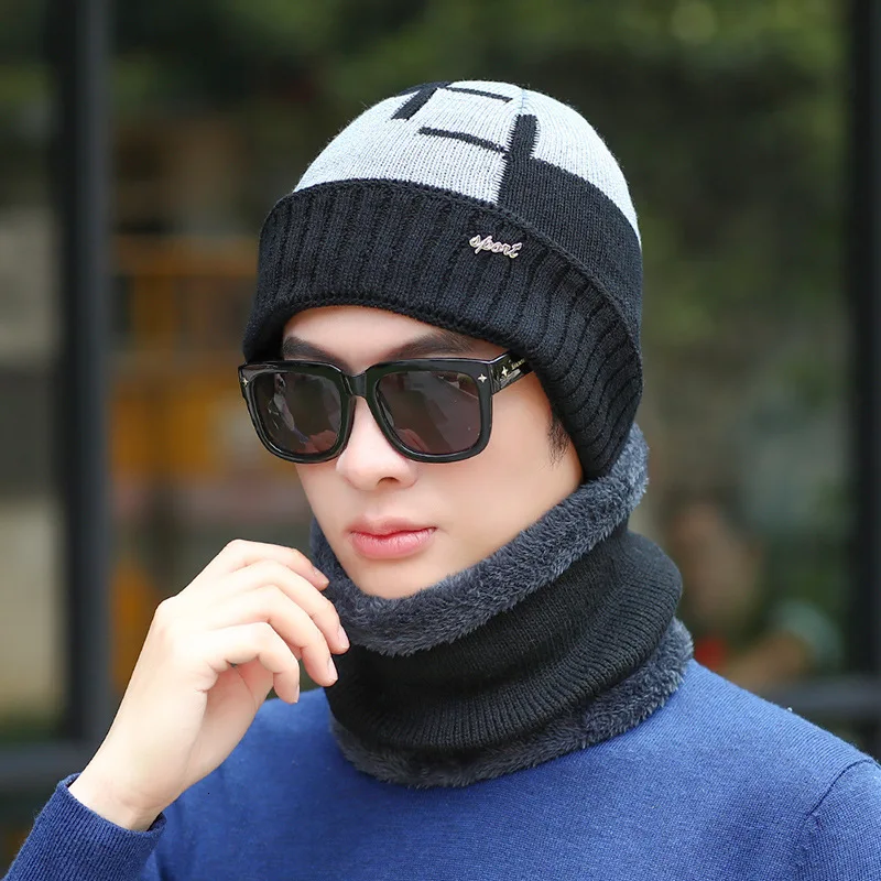 

Neck Warmer Knitted Hat Scarf Set Fur Wool Lining Thick Warm Knit Beanies Balaclava Winter Hat for Men Women Cap Skullies Bonnet