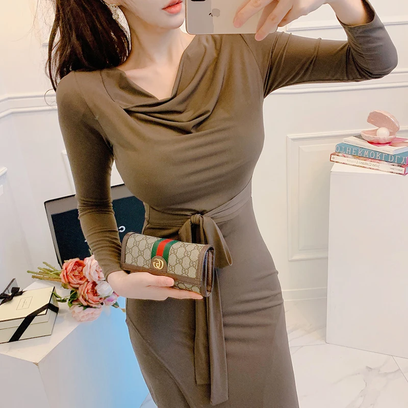 

New Winter Temperament Of Han Edition Cultivate One's Morality Dress Lace-up Accept Waist Knitting Base Package Buttocks Dress