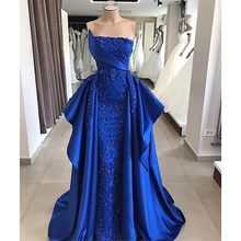 Robe De Soiree Новое поступление Элегантный насыщенного синего цвета длинное вечернее платье Роскошные Бисероплетение Империя без рукавов атласное вечернее платье