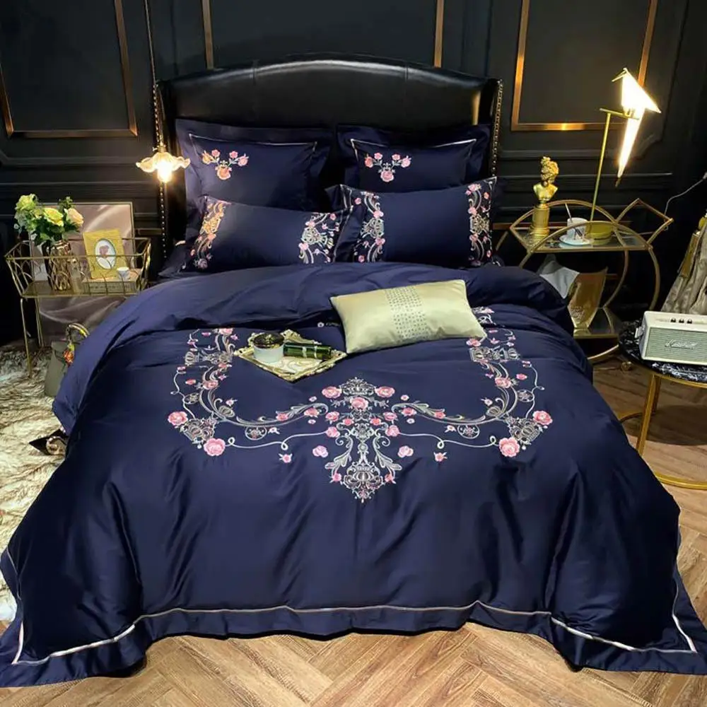 

Blue Floral Linens Egyptian Cotton Bedding Set Embroidery Queen King Size Duvet Cover Fitted Sheet Pillowcase
