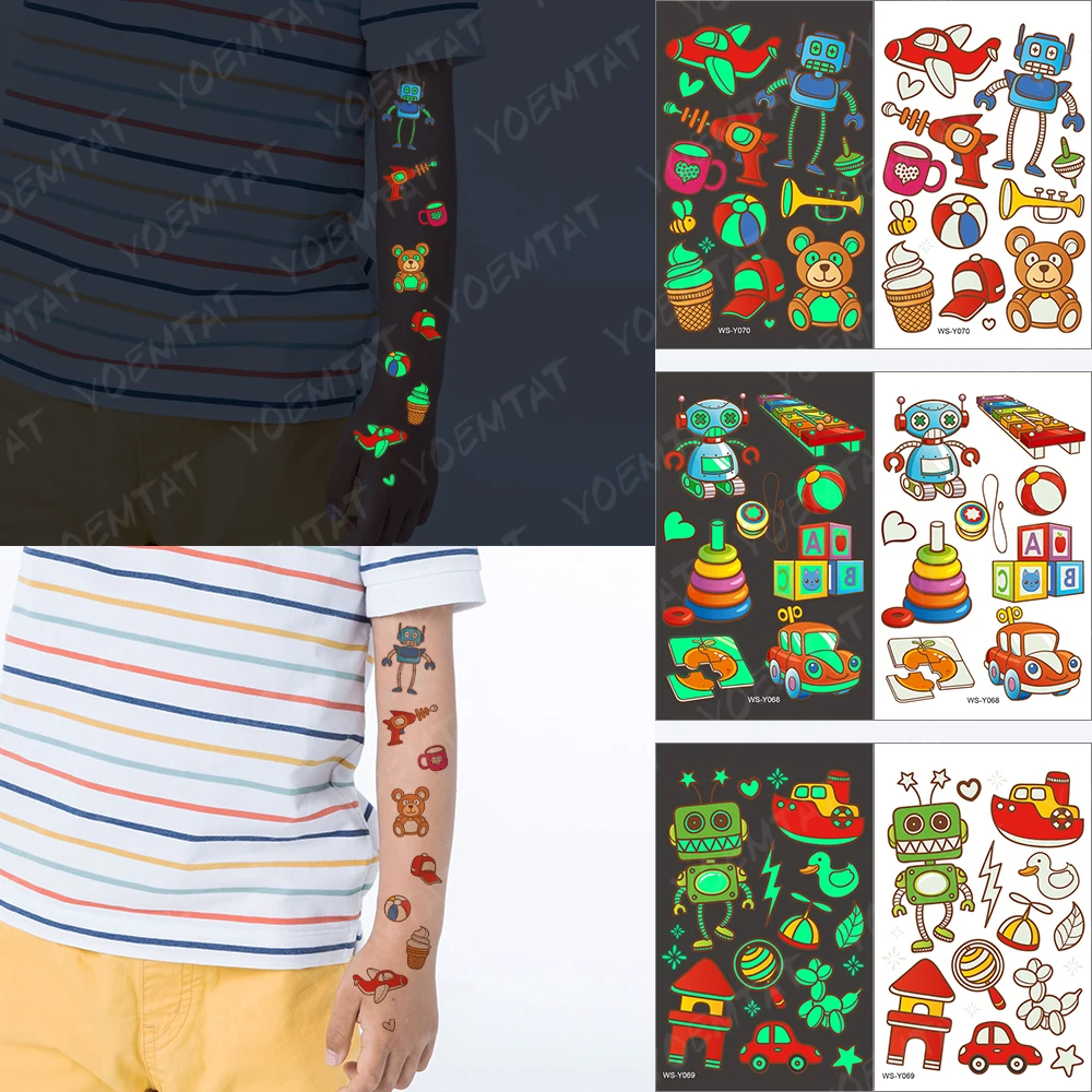 Waterproof Temporary Tattoo Sticker Airplane Robot Pistol Alien Ball Hat Bee Glowing Child Kids Arm Tatoo Body Art Fake Tatto | Красота и