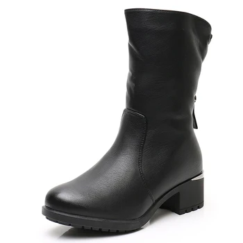 

EIE New Women Boots Thick Bottom Heels Waterproof Warm Plush PU Leather Winter Mid-calf Boots Fashion Ladies Riding Boots