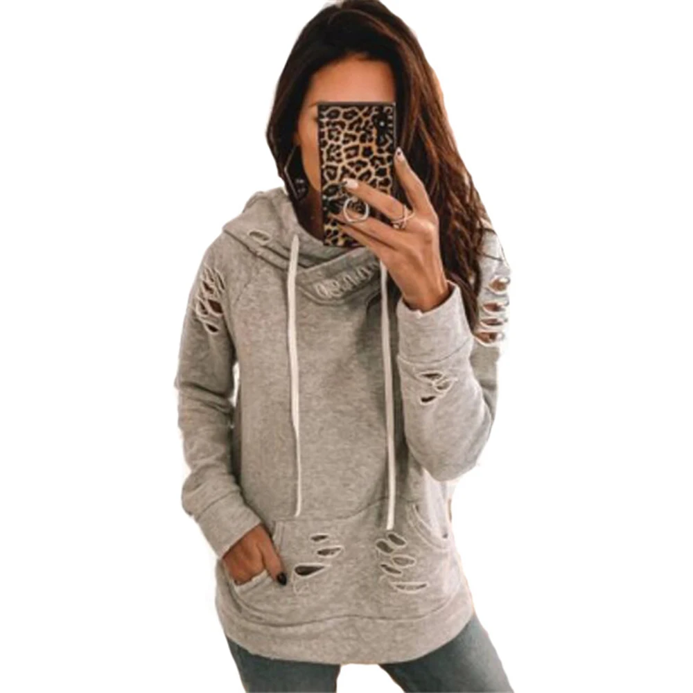 

LOOZYKIT 2019 New Women Autumn Winter Hole Hooded Sweatshirts Long Sleeve Irregular Solid Slim Pockets Hoodies Sweatshirt Women