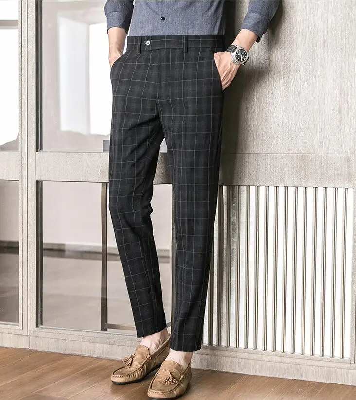 Мужские брюки, клетчатые, деловые, повседневные, тонкие, Pantalon A Carreau Homme, классические, винтажные, клетчатые, костюм, брюки, свадебные штаны 28-36 - Цвет: black