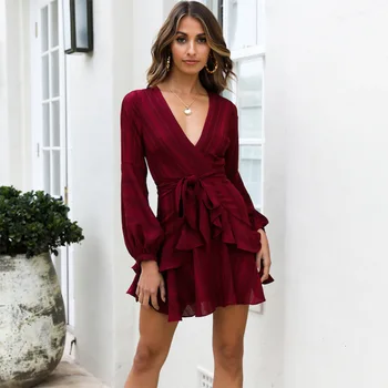 

BacklakeGirls 2020 Sexy V Neck Wine Red Mini Cocktail Dresses Long Sleeves With Sashes Платье На Выпускной Zipper Back