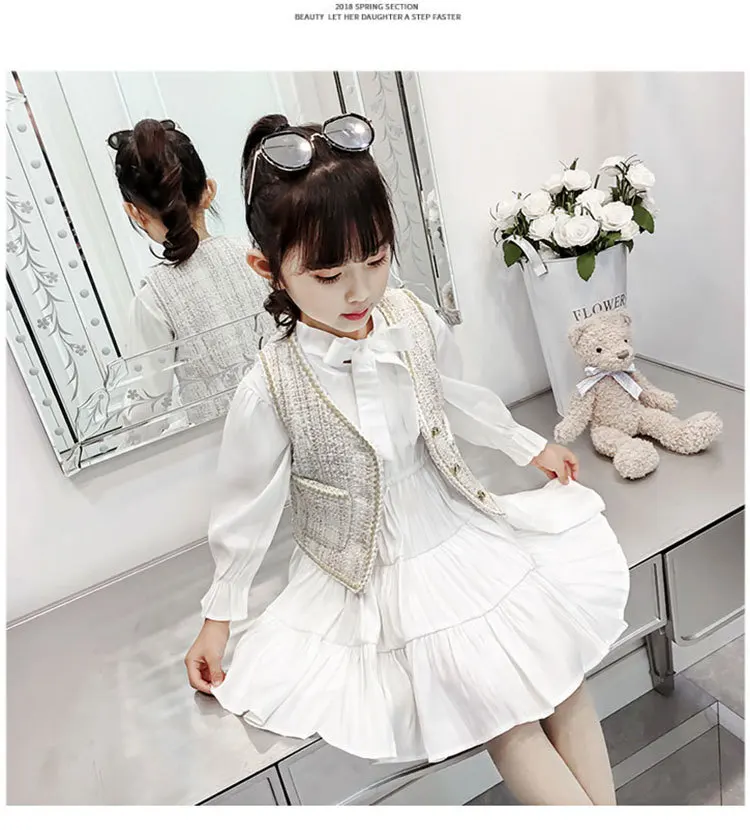 New autumn/spring European little CC style sleeveless vest+long-sleeved princess dress fashion set suits for teenage girls
