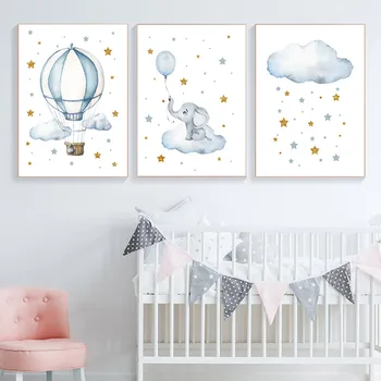 

Hot Air Balloon Elephant Canvas Painting Star Cloud Nursery Wall Art Print Nordic Poster Cartoon Wall Pictures Kids Room Decor