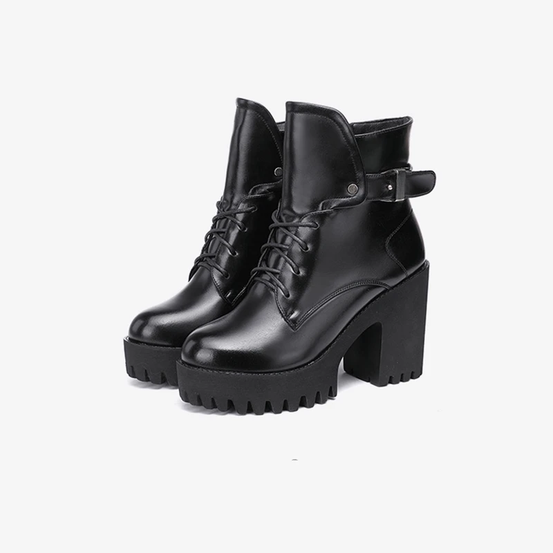 

Thick Bottom Round Toe Women Motorcycle Boots Lace Up Buckle Platform Shoes Autumn Winter Boots Women Ankle Boots High Heels