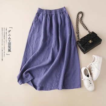 

High Quality 100% Linen Maxi Skirt Womens Casual Elastic High Waist Pleated A-Line Beach Skirts Boho Saia Feminina Faldas Jupe