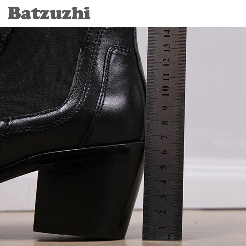Batzuzhi 6.5CM Heels Men Boots Black Ankle Boots Genuine Leather Men Business Wedding Shoes Zapatos Hombre,  big sizes 46