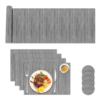 

Table Runner,Placemats and Coaster Sets,Stain-Resistant Woven Non-Slip Washable Heat Resistant Place Mats,Grey,9 Pack