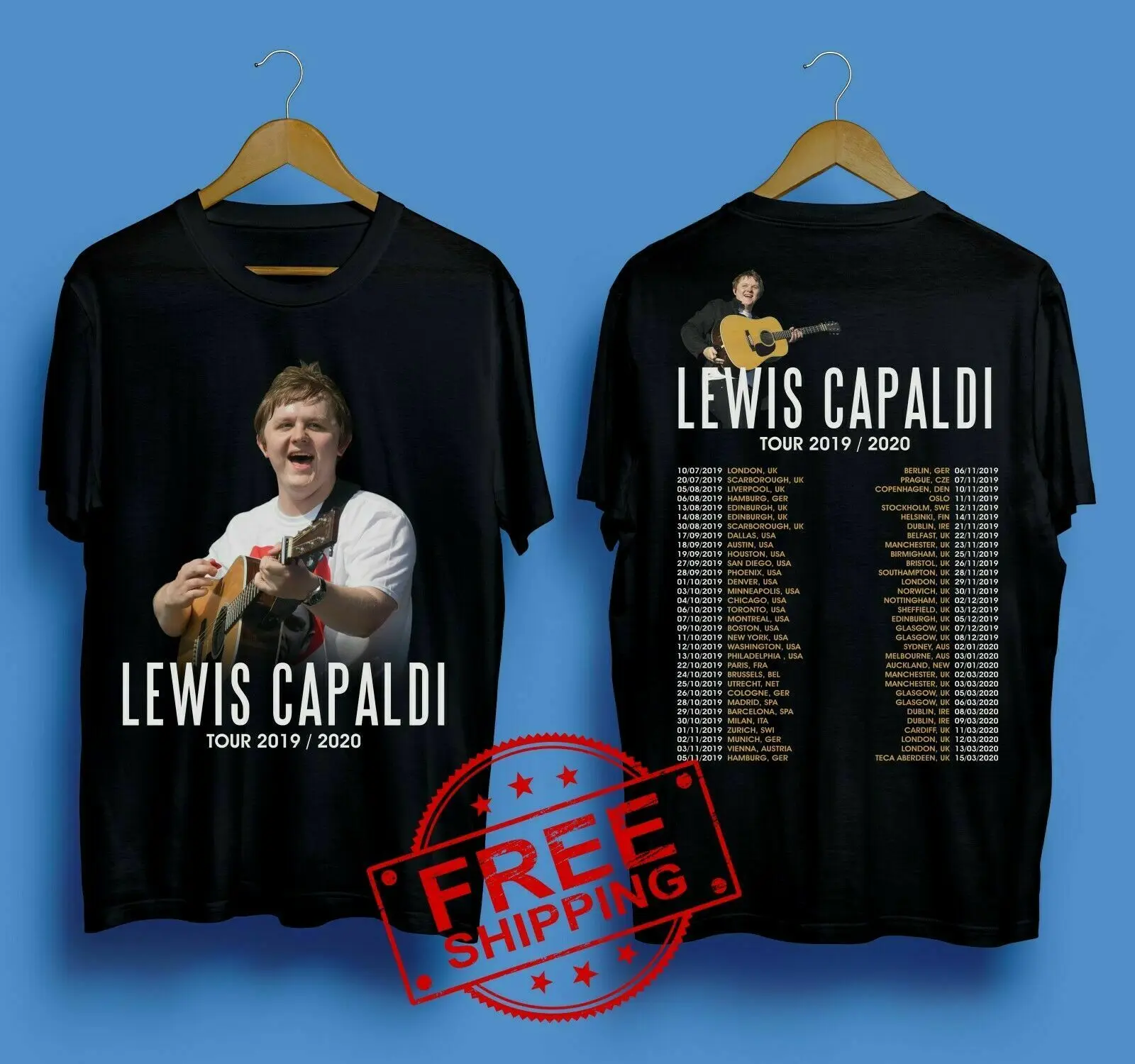 Lewis Capaldi Тур 2019 2020 с датой черный размер футболка принтом Мужская коротким рукавом