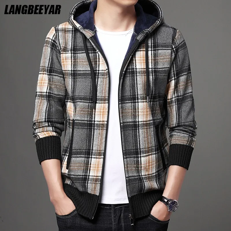 Top Quality New Brand Fashion Woolen Thick Velvet Hooded Casual Baseball Collar Plaid Jacket Men Windbreaker Coats Men Clothes