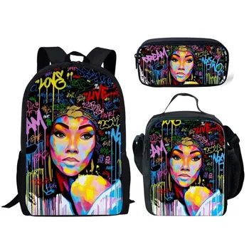

School Bags for Girls Black African Girls Print School Backpacks Children 3pcs/set Primary Custom pattern Bookbag Teenager Bags