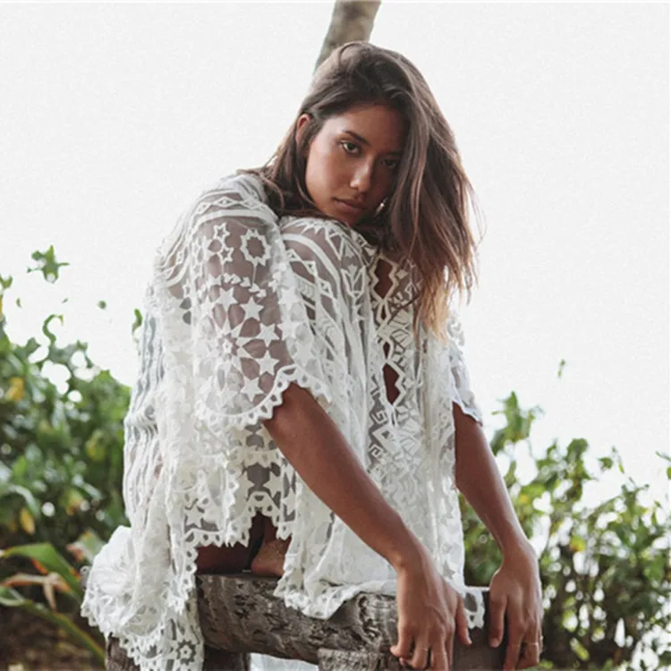 Летняя одежда для женщин, платье в стиле Boho-Chic, длинное женское пляжное платье, белый кружевной кафтан, Прая, свободный, Salida De Bano, Плайя Mujer