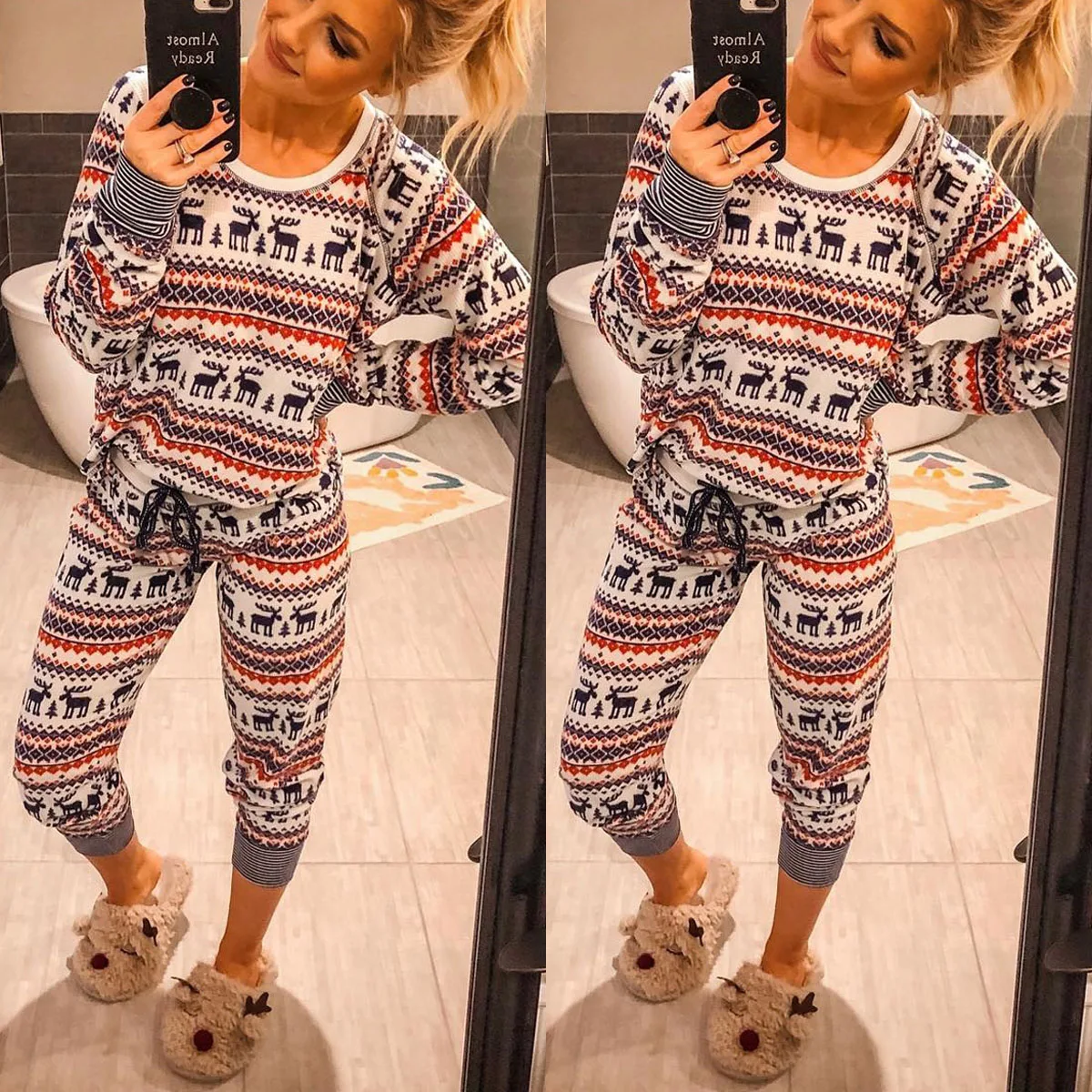 Women Winter New Christmas Reindeer Print Pajamas Set Female Homewear Thick Warm Long Sleeve Full Trousers Two Piece Pajama Set