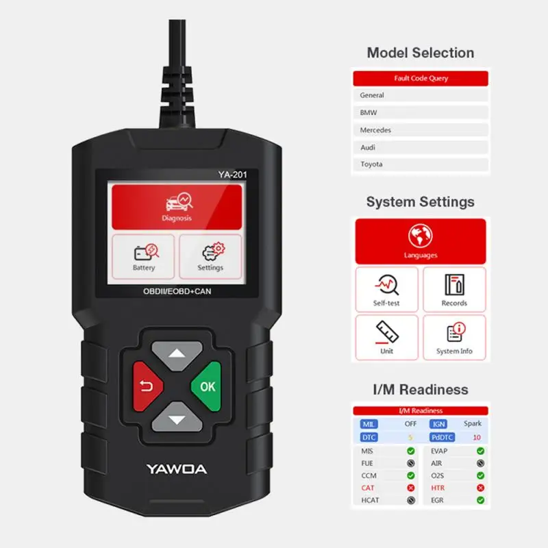 YA-201 OBD2 Scanner Auto Auto Diagnose Werkzeug OBDII Motor Fehler Code Reader Scan Werkzeuge auto zubehör für 12V autos YA-201 OBD2 Scanner Auto Auto Diagnose Werkzeug OBDII Motor Fehler Code Reader Scan Werkzeuge auto zubehör für 12V autos