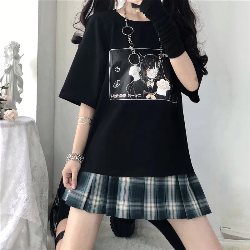 

Gothic Kawaii Graphic Tees Women Japanese Fashion Cute Cat Cartoon T Shirt Summer Korean Harajuku Black Vintage Casual Top White
