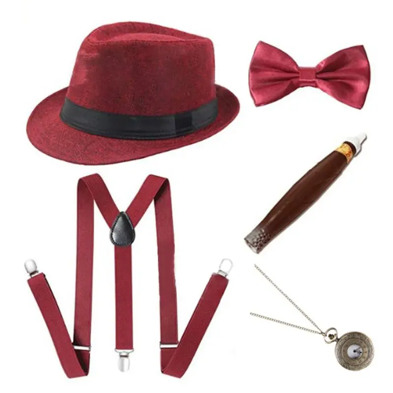 1920s мужской косплей Гангстерский костюм набор аксессуаров манхэттенская шляпа подтяжки предварительно завязанный Галстук-бабочка поддельные пластиковые сигары карманные часы - Цвет: 7