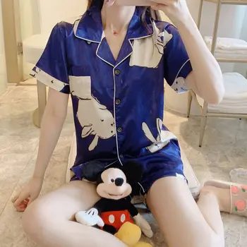 

Foply 2 PCS Cartoon Pajamas Set For Women Sleepwear Spring Summer Short Sleepwear Ladies Faux Silk Satin Female Pyjamas 2020