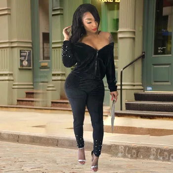

Womens Tracksuit Set Velvet Hooded Beading Jackets Long Pencil Pants Fashion Two Piece Set Casual Suits Women Two Piece Outfits