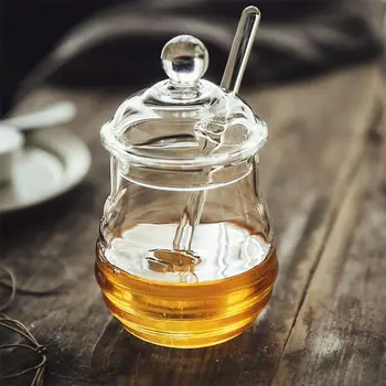 

Honey Jar with Dipper and Lid Glass Beehive Honey Pot for Home Kitchen