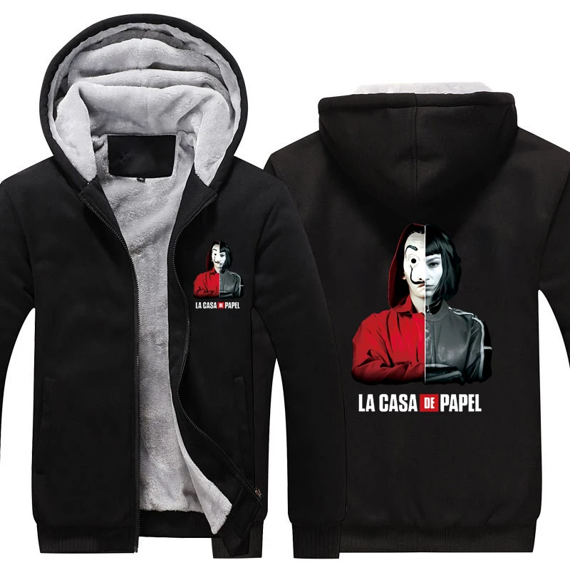 La Casa De Papel утепленная толстовка с капюшоном, пальто Money Heist, теплая толстовка с капюшоном Dali Mask La Casa De Papel, флисовая зимняя толстовка с капюшоном