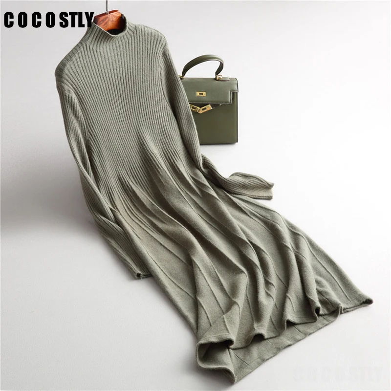 

2019 Women Autumn Winter Dress Warm Turtleneck Wool Dresses Female Long Knit Cashmere Dress Women Long Pullovers vestidos mujer