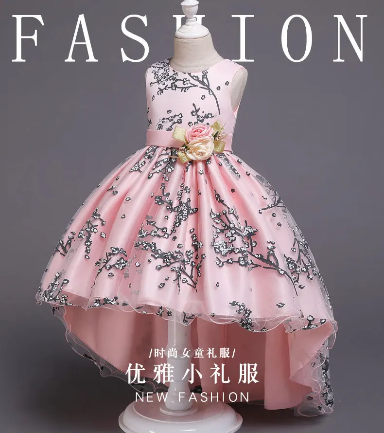 Children Pink Princess Dress Gauze Printed Tailing Dress CHILDREN'S DAY Groups biao yan qun Flower Boys/Flower Girls Host Formal