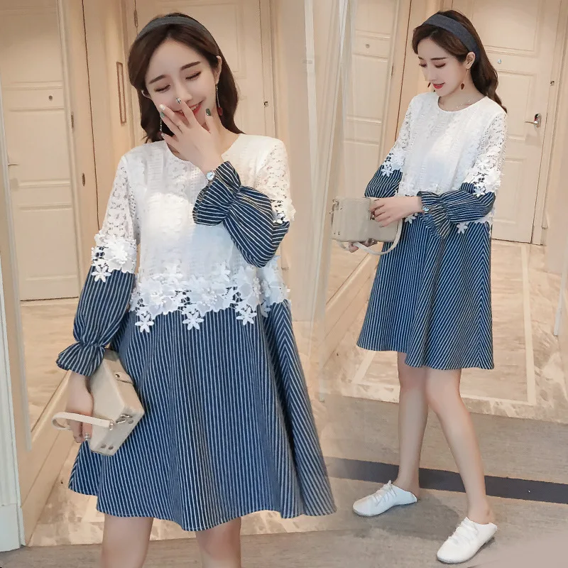 

Maternity Clothes 2019 Spring New Style Mid-length Long Sleeve Korean-style Lace Joint Pregnant Women Dress