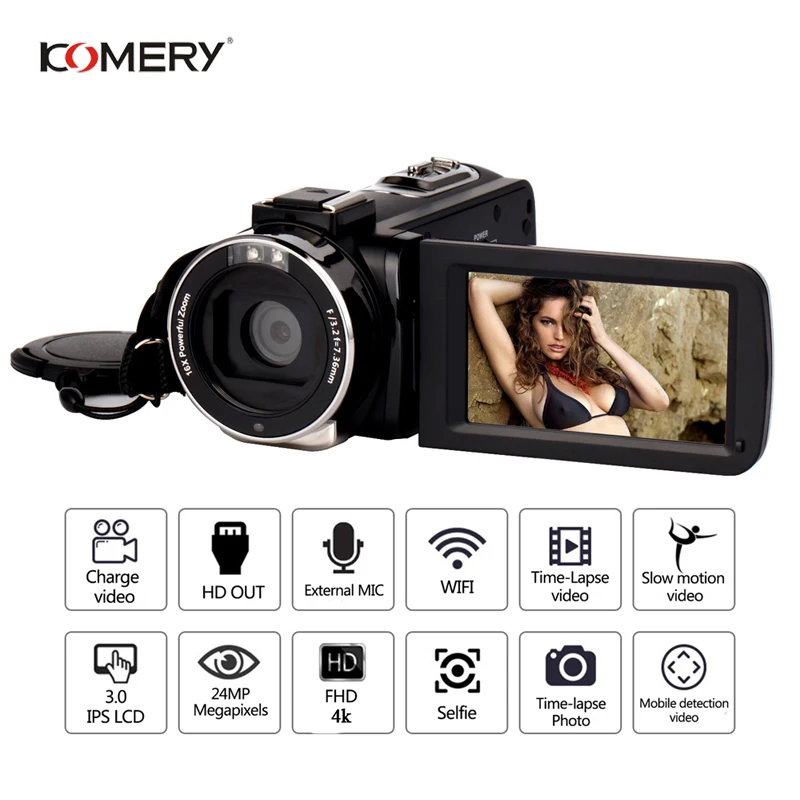 KOMERY Original Video Camera Wifi Night Vision 3.0 Inch LCD Touch Screen Time-lapse Photography Cam