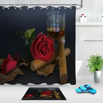 

100% Polyester Fabric Cigar and Red Rose Shower Curtain Set