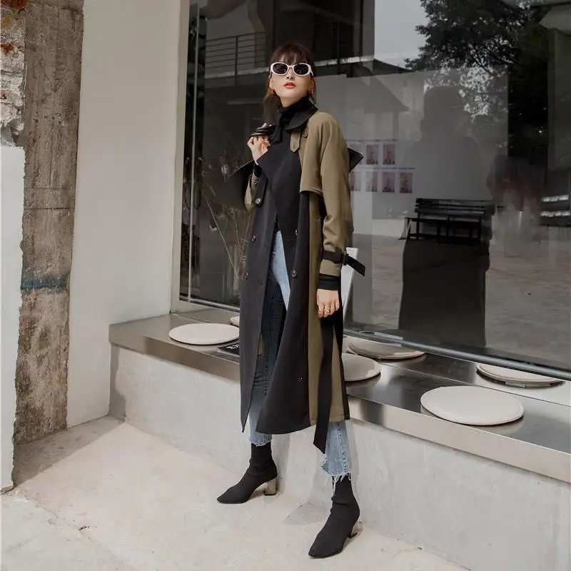 Women Hit Color Patchwork Belt Pocket Notched Windbreaker Fashion Female Korean Loose Autumn Coat Long Trench Coat