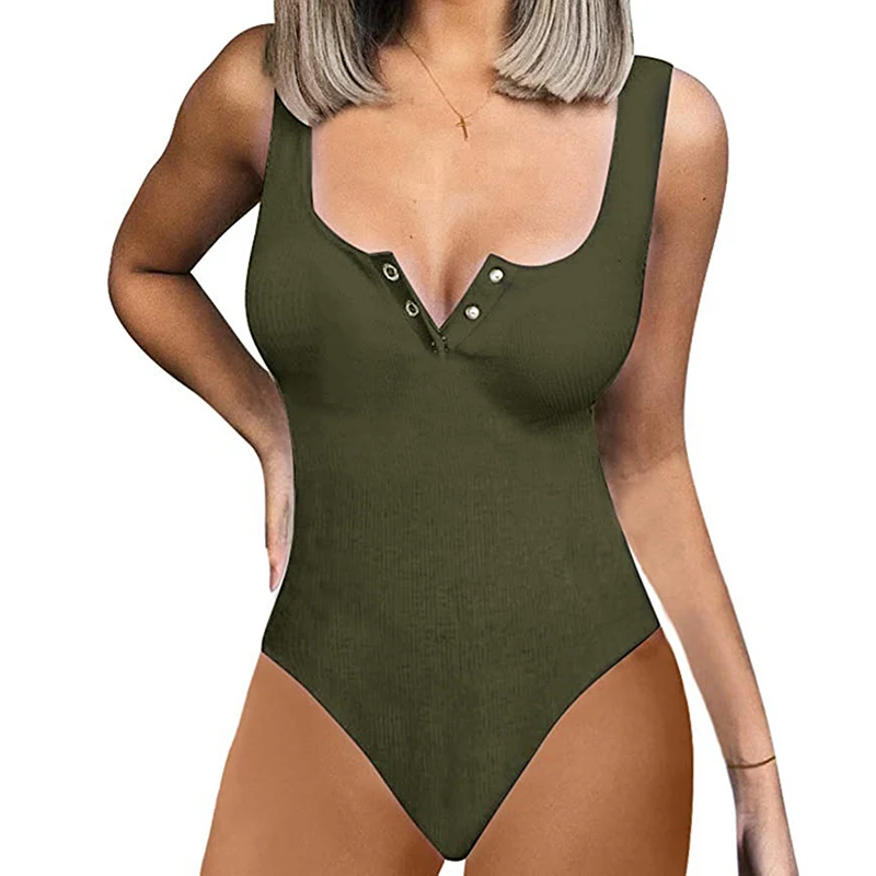 

Stretchy Knitted Bodysuit Buttons Women Sexy Skinny O-Neck Tank Body Top Femininas Fashion Sleeveless Slim Ribbed Rompers GV494