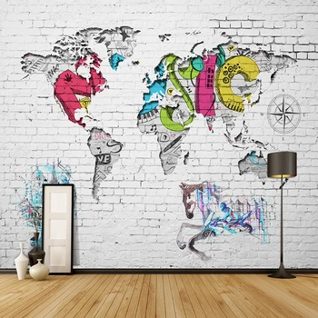 

Custom 3D Wall Murals Modern World Map Graffiti Brick Wallpaper Living Room Kids Bedroom Background Sticker Waterproof Wallpaper