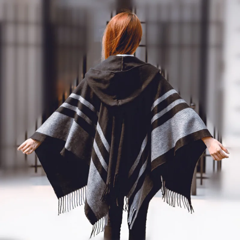 

Uguest Autumn Women Oversized Sweater Cloak Poncho Hooded Open Stitch Batwing Sleeve Tassel Striped Winter Warm Coats