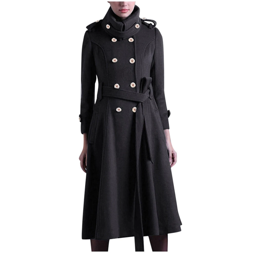 CHAMSGEND Autumn Winter Wool Jacket Women Double Breasted Coats Elegant Overcoat Coat Pockets Woolen Long Trench Coat 1028 - Цвет: BK