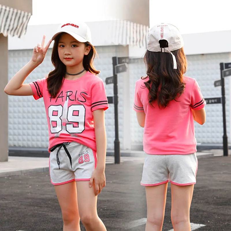 

Girl suit letter print children's clothes cotton t-shirt and 5 points shorts two-piece set teen girl children's clothing set 12T