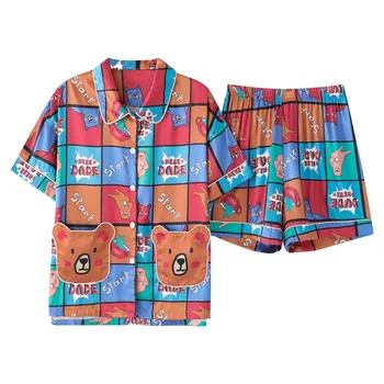 

Novelty Print Women Pajamas Sets Women Satin 2PCS Sleepwear Summer Silky Shirt&Shorts Female Causal Pyjamas Suit Home Wear