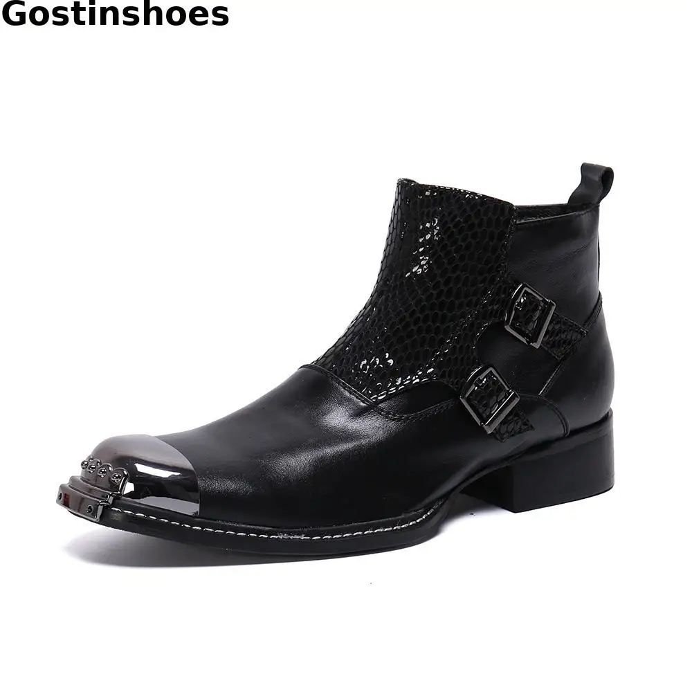 

Fashion Men Boots Black Genuine Leather Snakeskin Printed Metal Cap Toe Short Boots Side Zip Buckle Straps Dress Fomal Boots