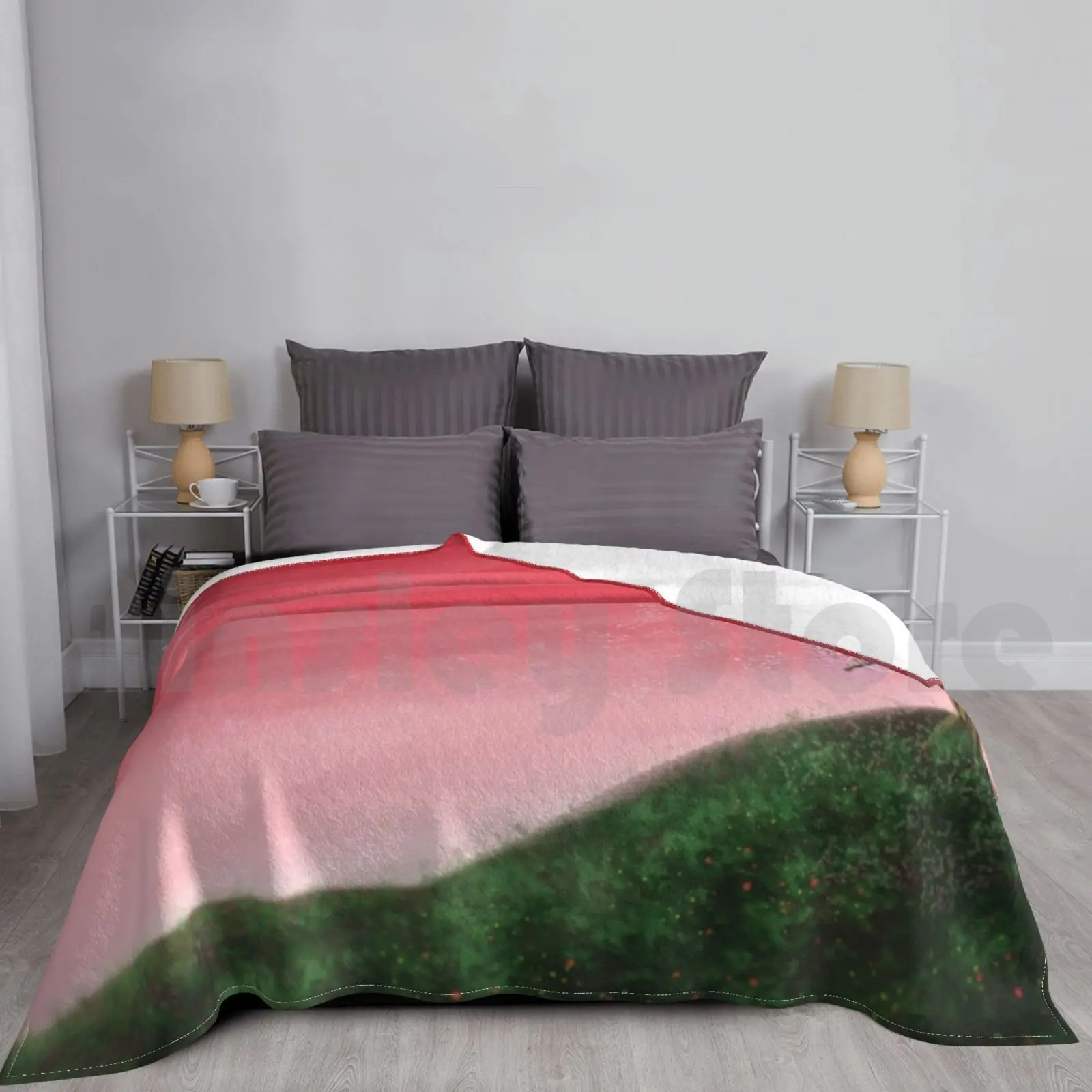 Fugace As The Cherry Blossom Coperta Super Soft Warm Light Thin Cherry Tree Red Pink Green Hill Nature Blossom