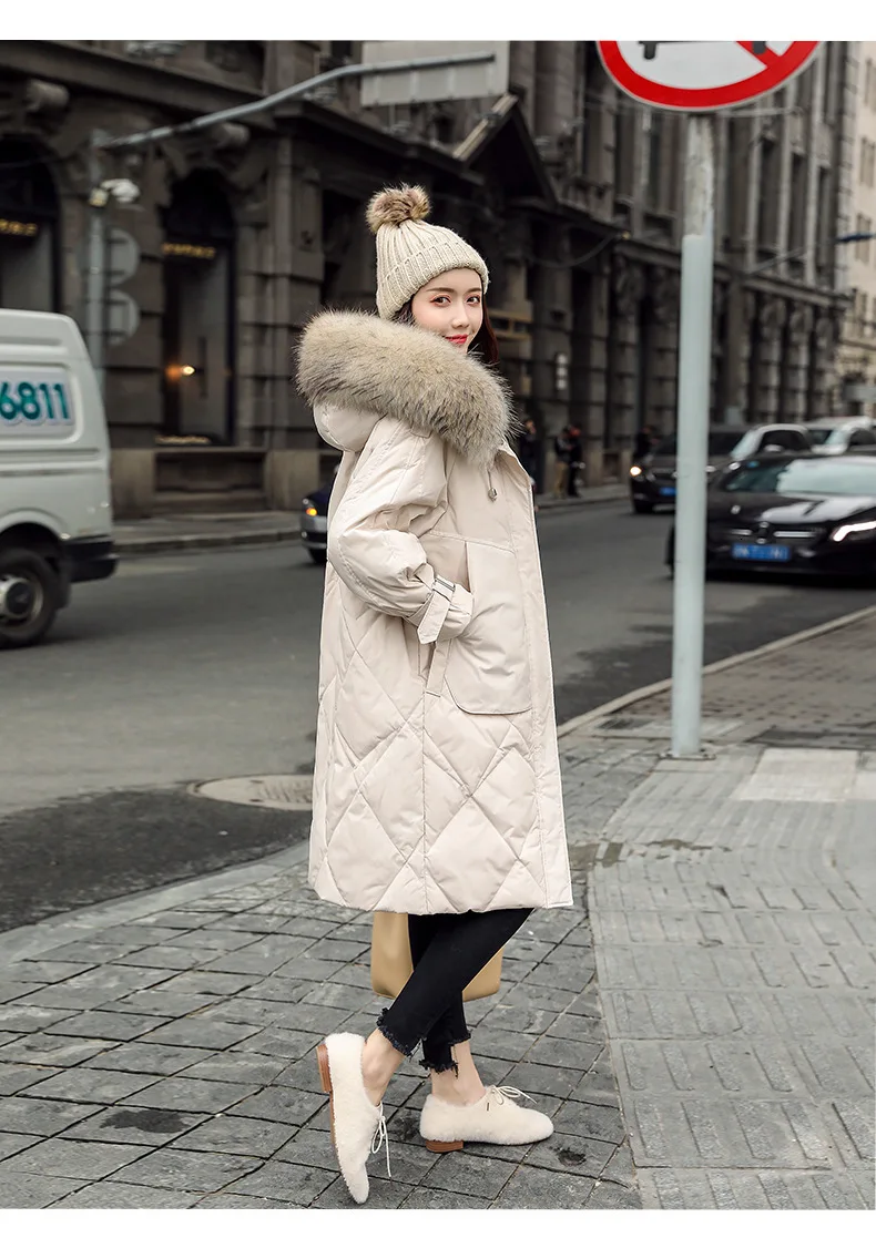 Babylovi/ г. Зимнее длинное Свободное пальто выше колена; плотный теплый пуховик из енота; костюм-платье