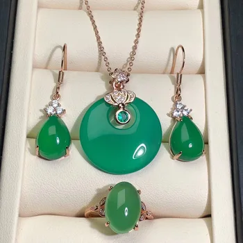 

A Set Natural Chalcedony Inlay Gold-plated Safety Buckle Pendant Necklace Earring Ring DIY Jewellery Fashion Woman Luck Amulet