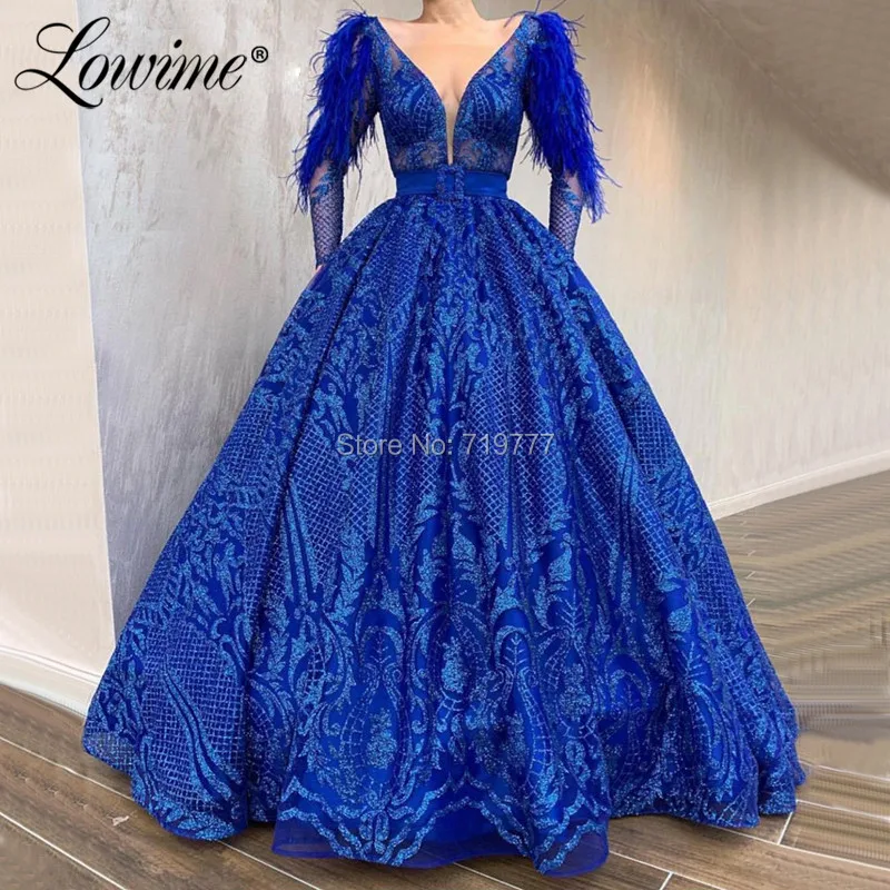 

Glitter Fabric Royal Blue Prom Dresses Feather Dubai Arabic V Neck Party Dress 2019 Robe De Soiree Islamic Muslim Evening Gowns
