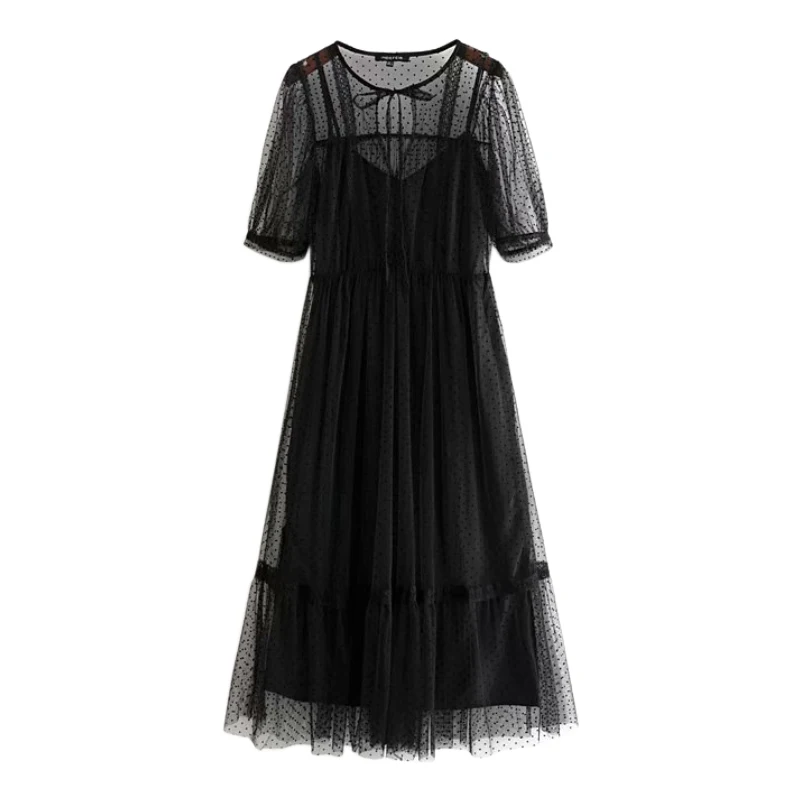 

Women Sexy Mesh Two Piece Set Long Dress High Waist Half Sleeve See Through Female Stylish Chic Mid Calf Dresse FFZYQ472
